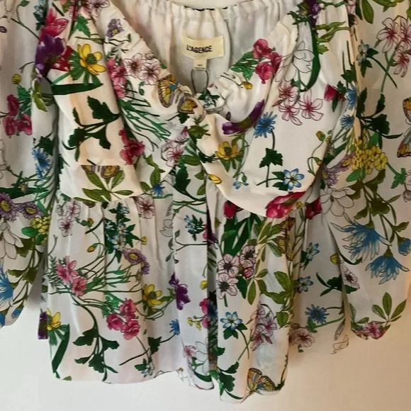 L'agence Elena Off-The-Shoulder 100% Silk Blouse White Multi Botanical Floral XS - Picture 12 of 13